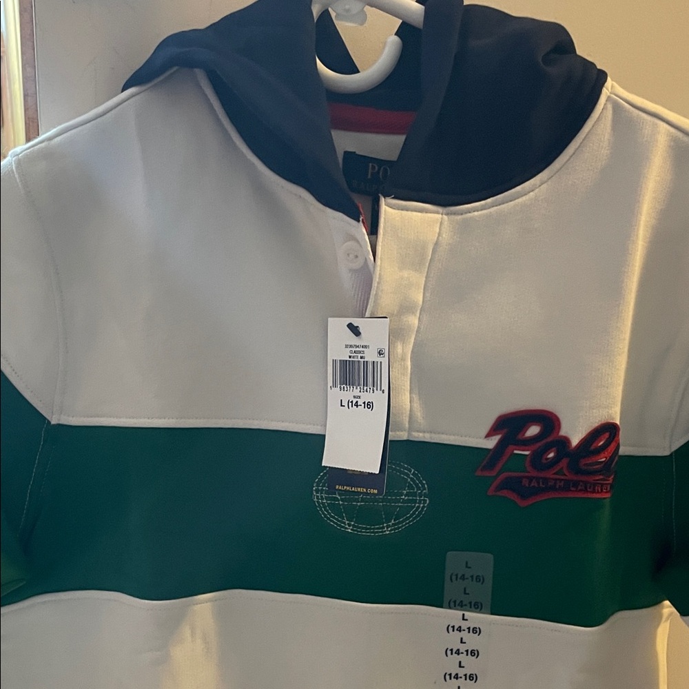 Polo Ralph Lauren White and Green Hoodie. NWT, boys youth